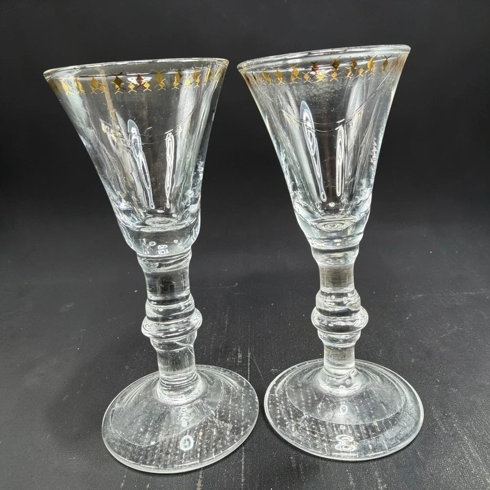 West Elm Gold‎ Cordial Glasses Set of 2 Clear Glass Stemmed Barware Cups Glasses